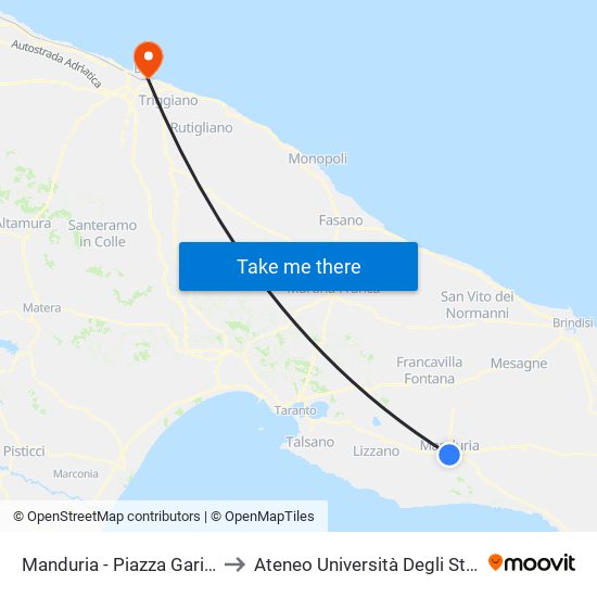 Manduria - Piazza Garibaldi (Tab. Perrucci) to Ateneo Università Degli Studi Di Bari ""Aldo Moro"" map