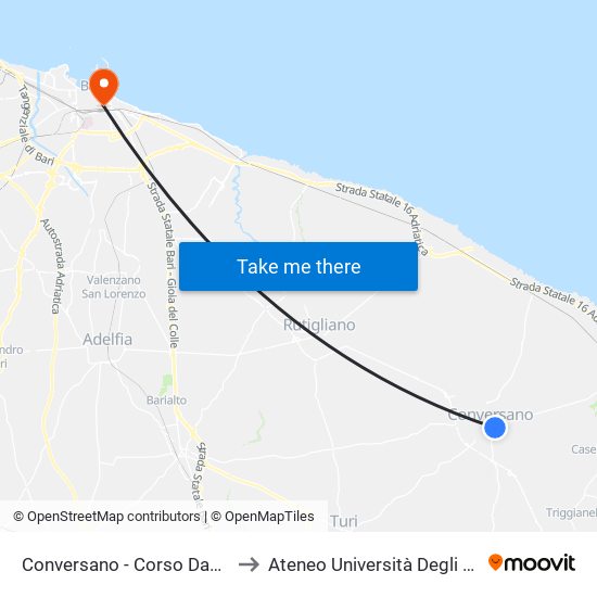 Conversano - Corso Dante (Svolta Via Monopoli) to Ateneo Università Degli Studi Di Bari ""Aldo Moro"" map