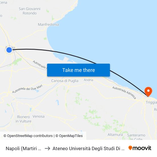 Napoli (Martiri Di V. Fani) to Ateneo Università Degli Studi Di Bari ""Aldo Moro"" map