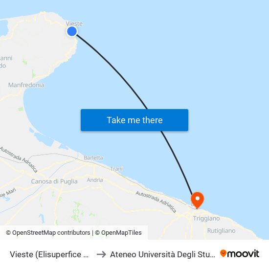 Vieste (Elisuperfice Macchia Di Mauro) to Ateneo Università Degli Studi Di Bari ""Aldo Moro"" map