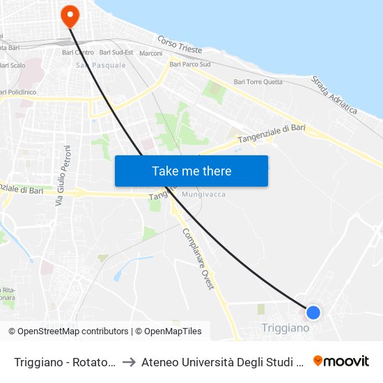 Triggiano - Rotatoria Ospedale to Ateneo Università Degli Studi Di Bari ""Aldo Moro"" map