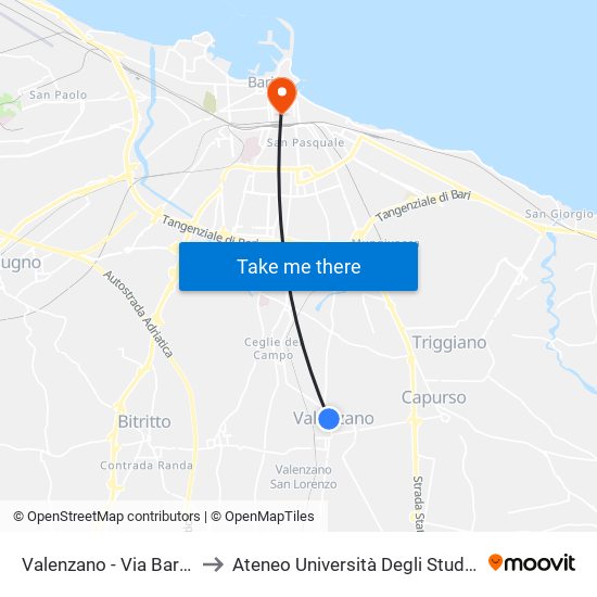 Valenzano - Via Bari (Fermata Fse) to Ateneo Università Degli Studi Di Bari ""Aldo Moro"" map