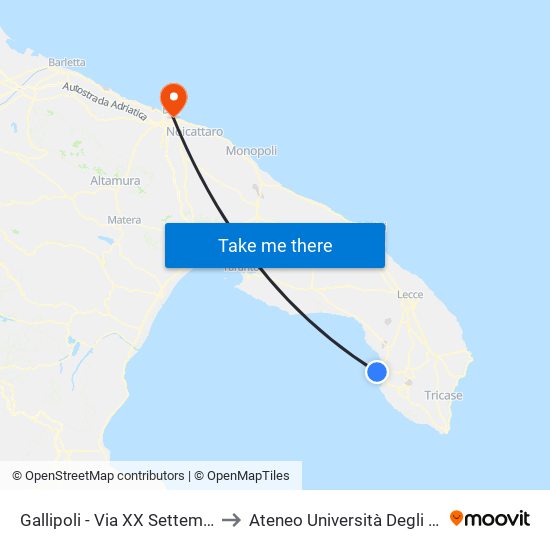 Gallipoli - Via XX Settembre (Stazione Ferroviaria) to Ateneo Università Degli Studi Di Bari ""Aldo Moro"" map