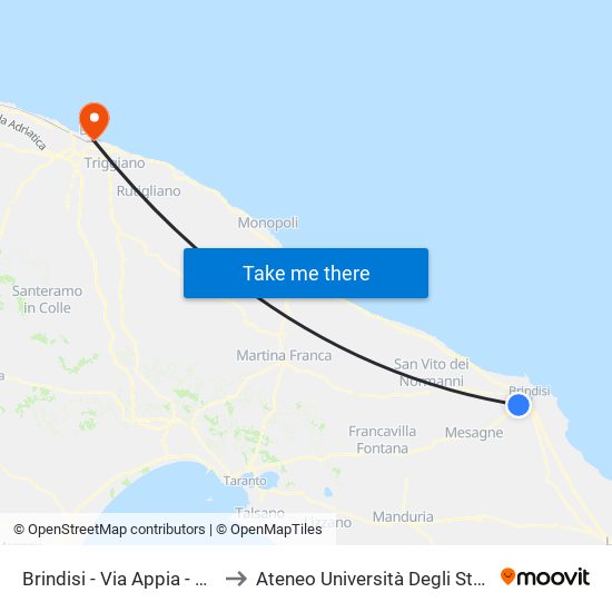 Brindisi - Via Appia - Focolare - Ospedale to Ateneo Università Degli Studi Di Bari ""Aldo Moro"" map