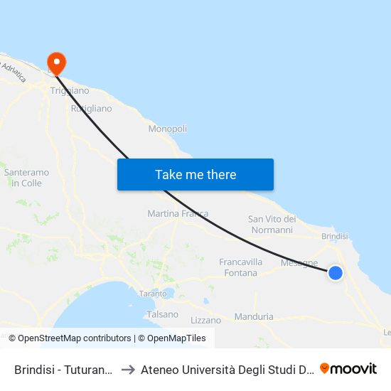Brindisi - Tuturano - Via Adua to Ateneo Università Degli Studi Di Bari ""Aldo Moro"" map