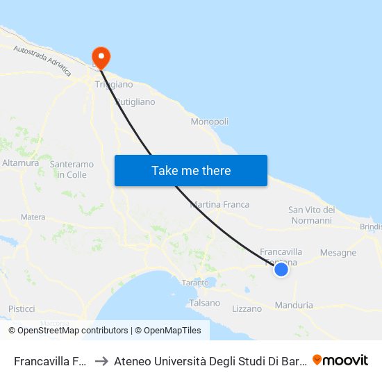 Francavilla Fontana to Ateneo Università Degli Studi Di Bari ""Aldo Moro"" map