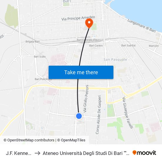 J.F. Kennedy  IV to Ateneo Università Degli Studi Di Bari ""Aldo Moro"" map