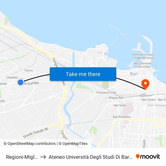 Regioni-Miglionico to Ateneo Università Degli Studi Di Bari ""Aldo Moro"" map