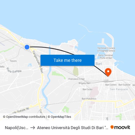 Napoli(Uscita 4) to Ateneo Università Degli Studi Di Bari ""Aldo Moro"" map