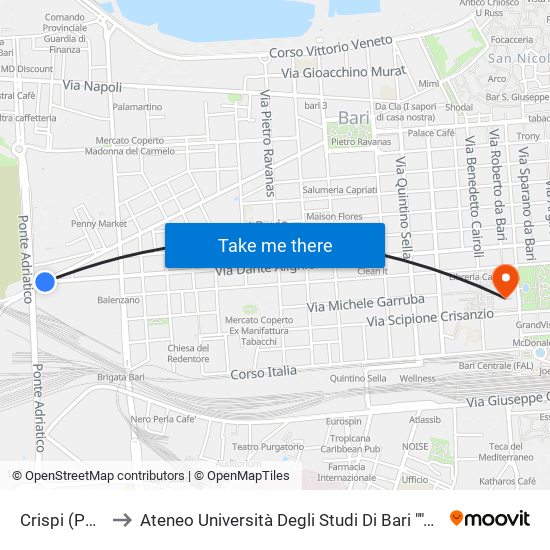 Crispi (Ponte) to Ateneo Università Degli Studi Di Bari ""Aldo Moro"" map