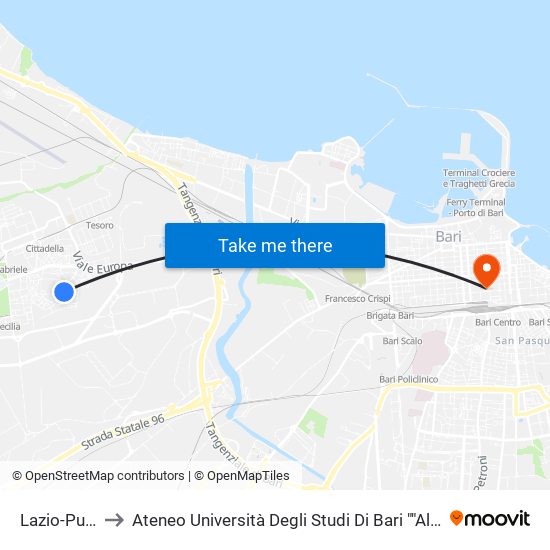 Lazio-Puglia to Ateneo Università Degli Studi Di Bari ""Aldo Moro"" map