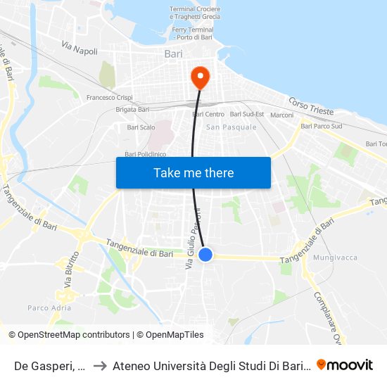 De Gasperi, 320/B to Ateneo Università Degli Studi Di Bari ""Aldo Moro"" map