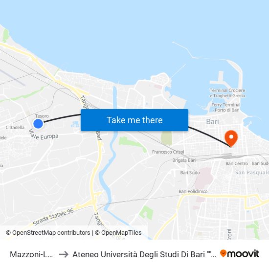 Mazzoni-Leotta to Ateneo Università Degli Studi Di Bari ""Aldo Moro"" map