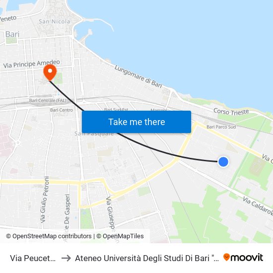 Via Peucetia, A6 to Ateneo Università Degli Studi Di Bari ""Aldo Moro"" map