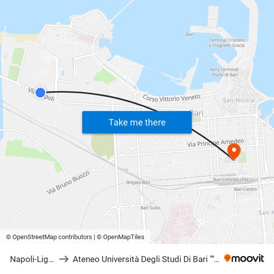 Napoli-Ligonzo to Ateneo Università Degli Studi Di Bari ""Aldo Moro"" map