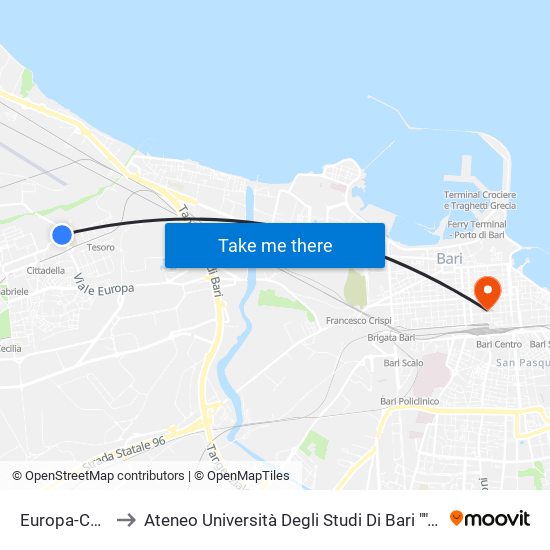 Europa-Cacudi to Ateneo Università Degli Studi Di Bari ""Aldo Moro"" map