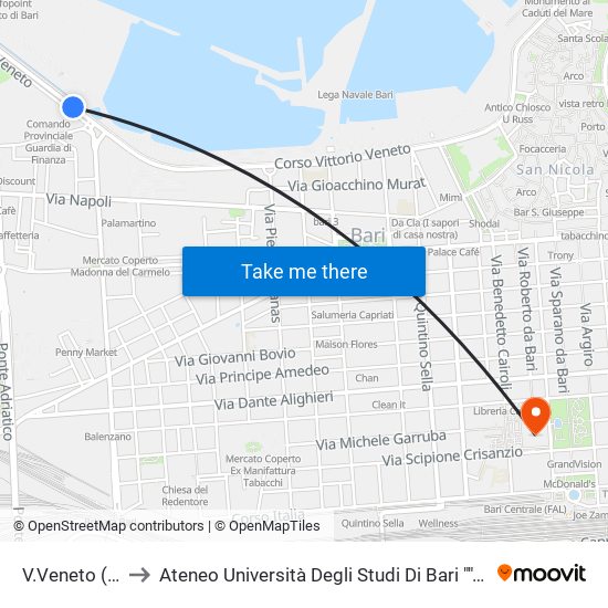 V.Veneto (Gdf) to Ateneo Università Degli Studi Di Bari ""Aldo Moro"" map