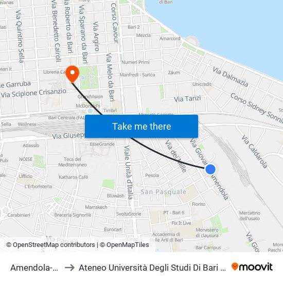 Amendola-Cirillo to Ateneo Università Degli Studi Di Bari ""Aldo Moro"" map
