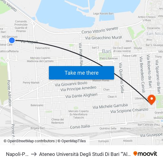 Napoli-Paoli to Ateneo Università Degli Studi Di Bari ""Aldo Moro"" map