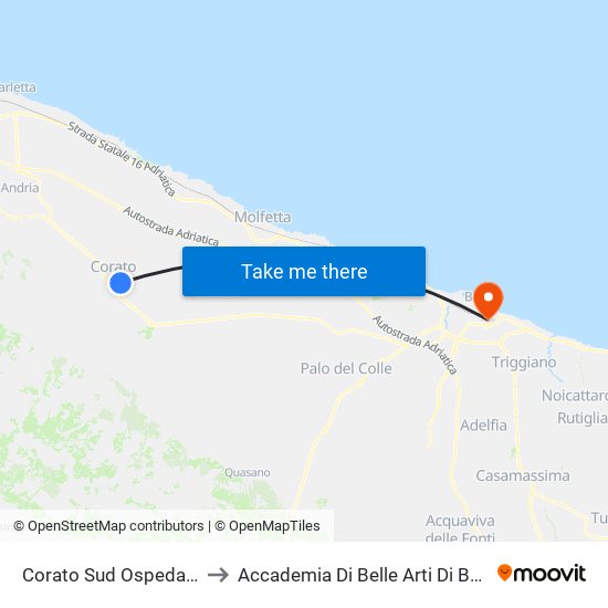 Corato Sud Ospedale to Accademia Di Belle Arti Di Bari map