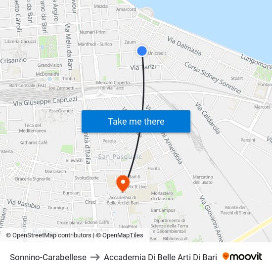 Sonnino-Carabellese to Accademia Di Belle Arti Di Bari map