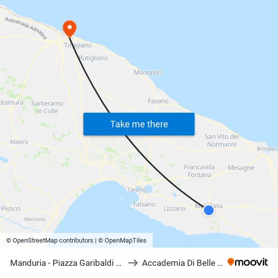 Manduria - Piazza Garibaldi (Tab. Perrucci) to Accademia Di Belle Arti Di Bari map