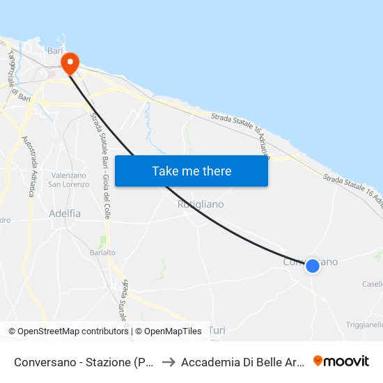 Conversano - Stazione (Padre Pio) to Accademia Di Belle Arti Di Bari map