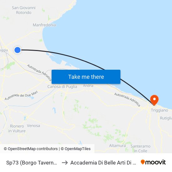 Sp73 (Borgo Tavernola) to Accademia Di Belle Arti Di Bari map