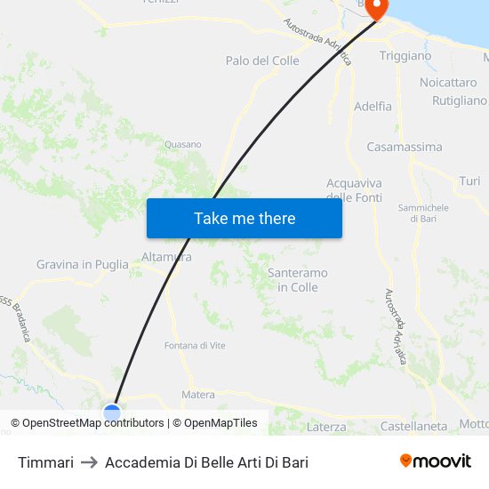 Timmari to Accademia Di Belle Arti Di Bari map