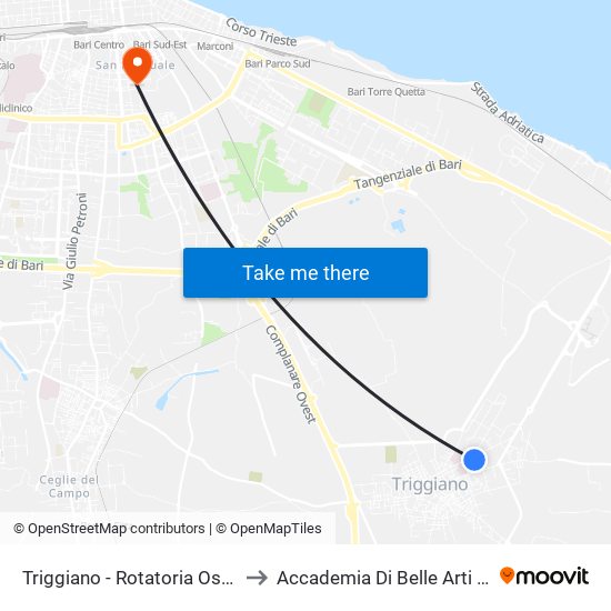 Triggiano - Rotatoria Ospedale to Accademia Di Belle Arti Di Bari map