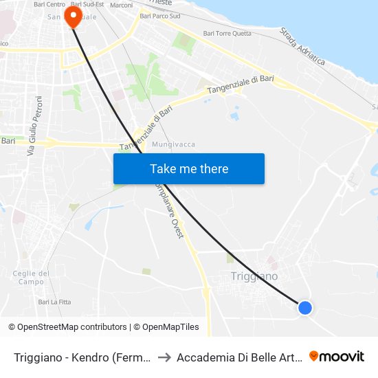 Triggiano - Kendro (Fermata Fse) to Accademia Di Belle Arti Di Bari map