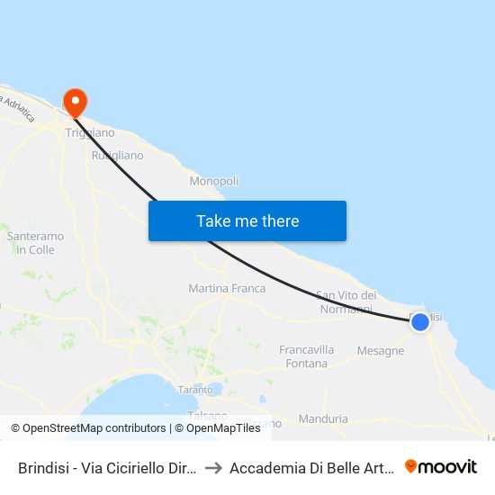 Brindisi - Via Ciciriello Dir. Centro to Accademia Di Belle Arti Di Bari map