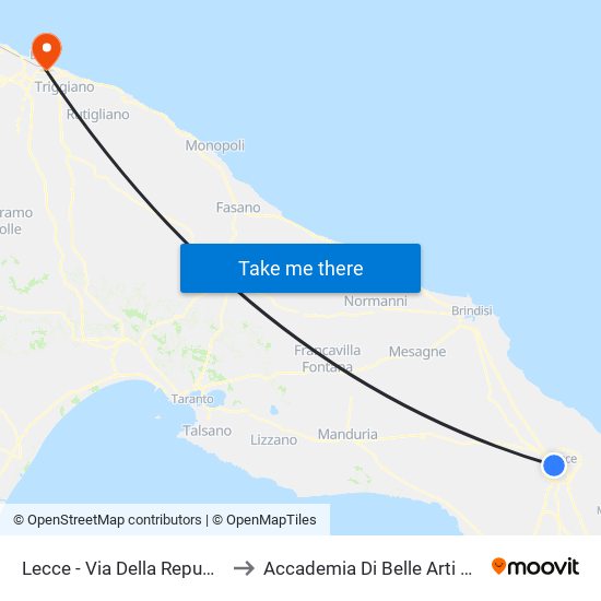Lecce - Via Della Repubblica to Accademia Di Belle Arti Di Bari map