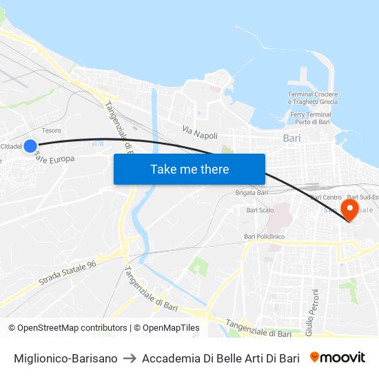 Miglionico-Barisano to Accademia Di Belle Arti Di Bari map