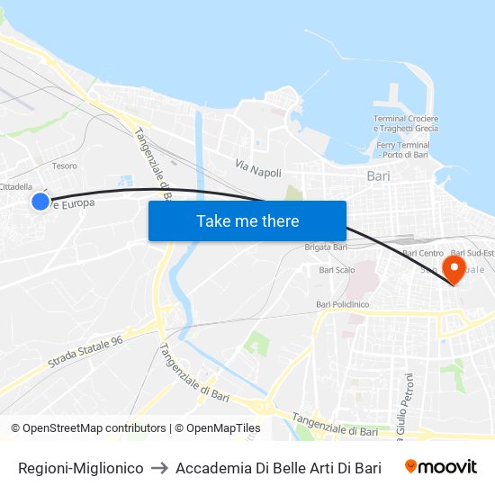 Regioni-Miglionico to Accademia Di Belle Arti Di Bari map