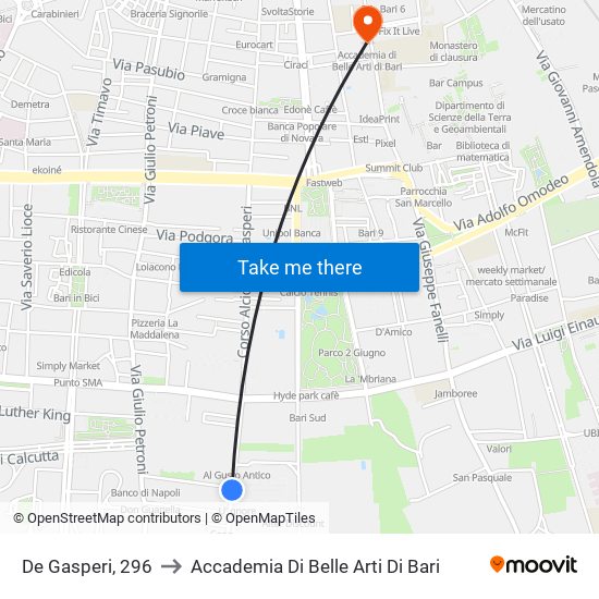 De Gasperi, 296 to Accademia Di Belle Arti Di Bari map