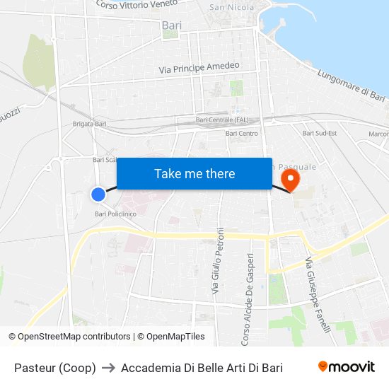 Pasteur (Coop) to Accademia Di Belle Arti Di Bari map