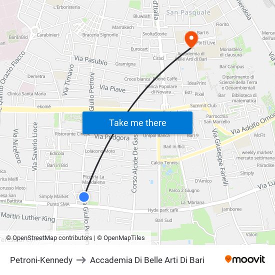Petroni-Kennedy to Accademia Di Belle Arti Di Bari map