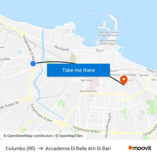 Columbo (Rfi) to Accademia Di Belle Arti Di Bari map