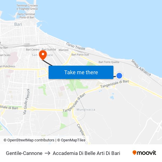 Gentile-Cannone to Accademia Di Belle Arti Di Bari map