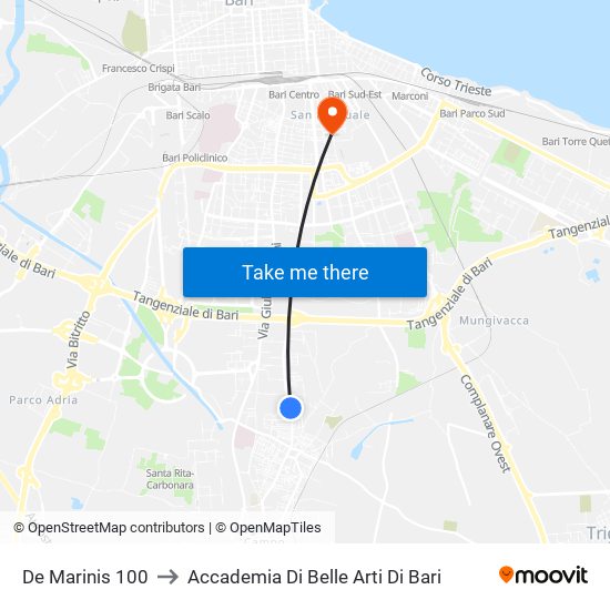 De Marinis 100 to Accademia Di Belle Arti Di Bari map