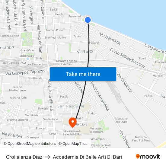 Crollalanza-Diaz to Accademia Di Belle Arti Di Bari map