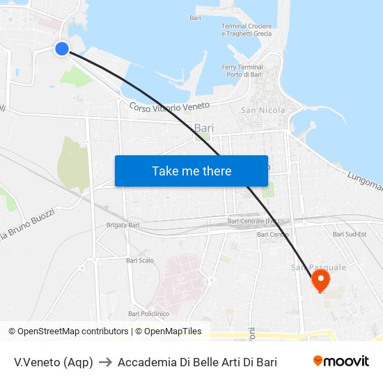 V.Veneto (Aqp) to Accademia Di Belle Arti Di Bari map
