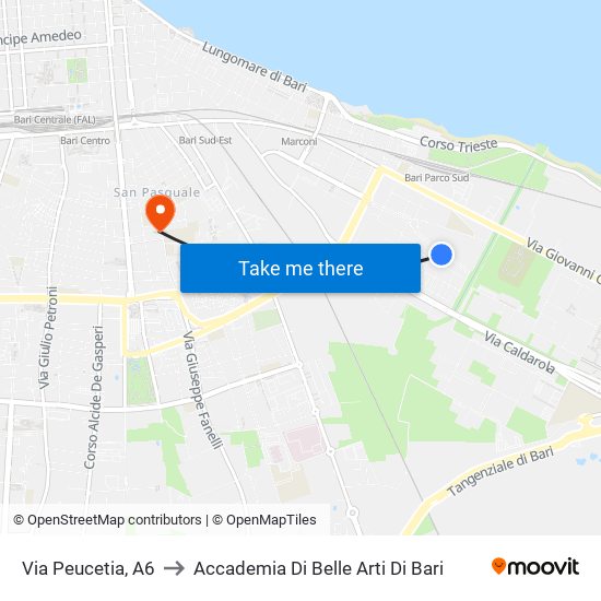 Via Peucetia, A6 to Accademia Di Belle Arti Di Bari map