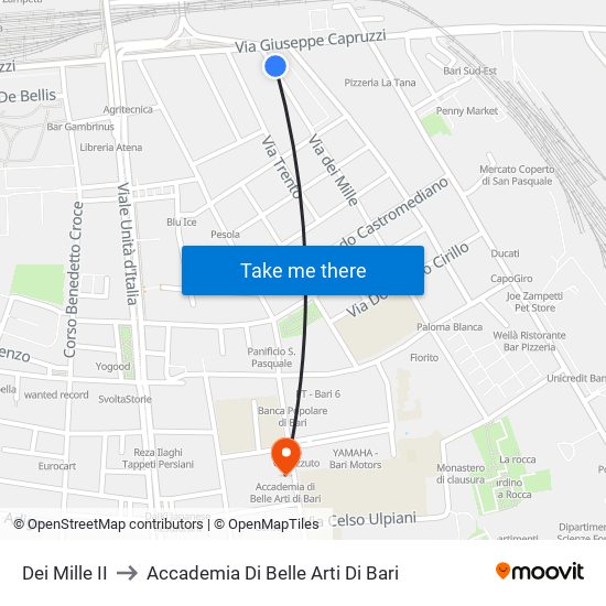 Dei Mille II to Accademia Di Belle Arti Di Bari map