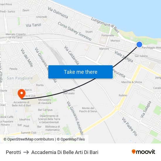 Perotti to Accademia Di Belle Arti Di Bari map