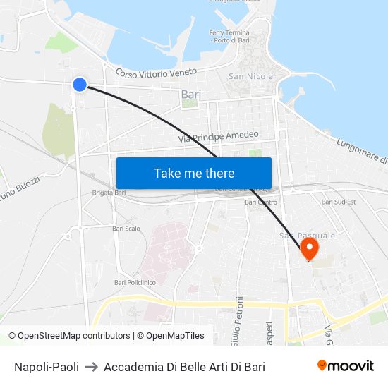 Napoli-Paoli to Accademia Di Belle Arti Di Bari map