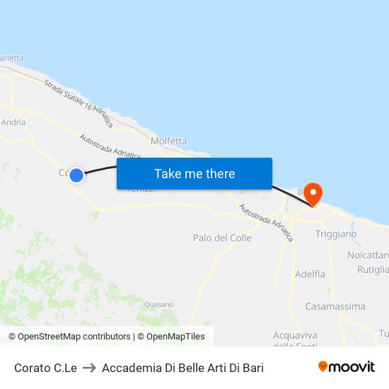 Corato C.Le to Accademia Di Belle Arti Di Bari map