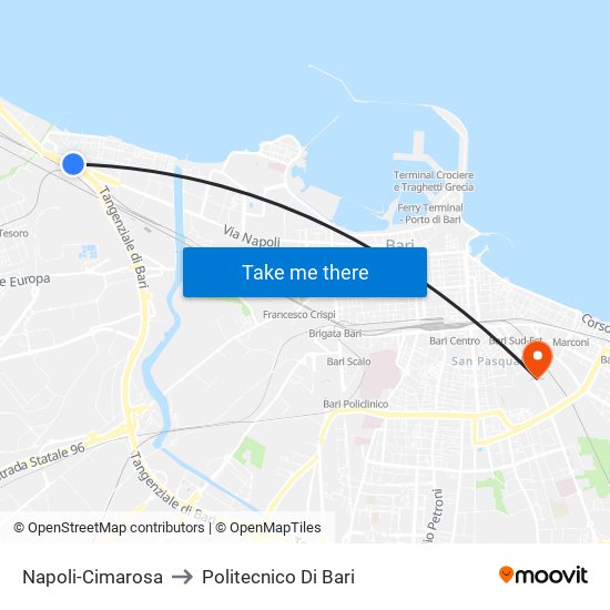 Napoli-Cimarosa to Politecnico Di Bari map