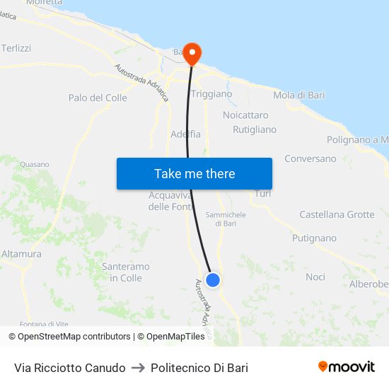Via Ricciotto Canudo to Politecnico Di Bari map